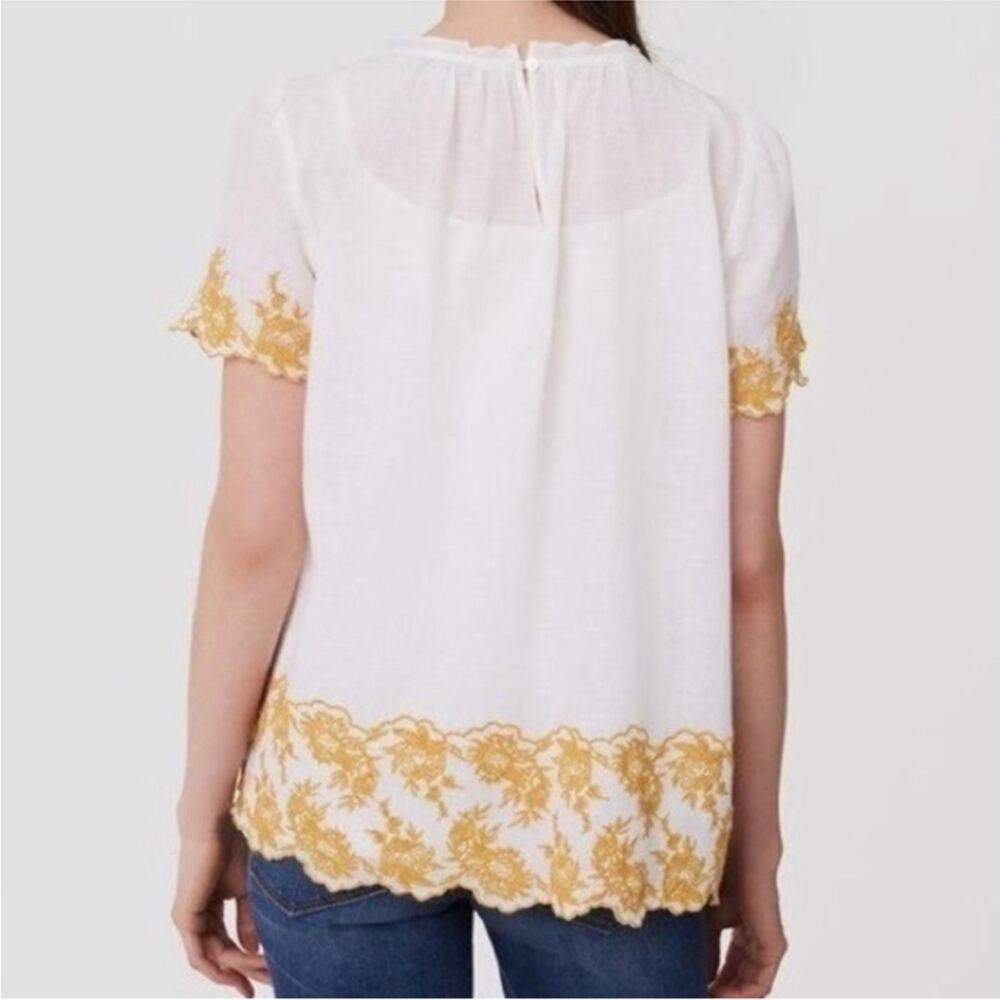 Loft Golden Floral Embroidered Linen Cotton Scalloped Boho Blouse L - Picture 2 of 8